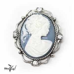 Vintage 1980s New Old Store Stock Blue and White 2" Cameo Pin Brooch - Hey Viv